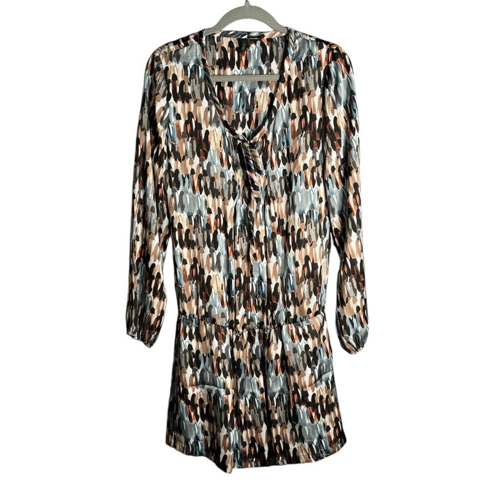 Benetton Brown Blue Printed Long Sleeve Drop Waist Tied Neckline Small